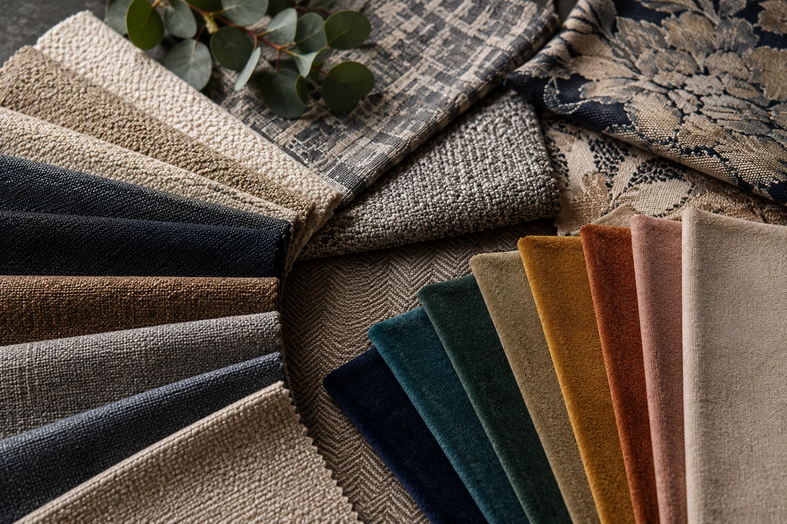 Fabric sample swatches showing a range of upholstery materials